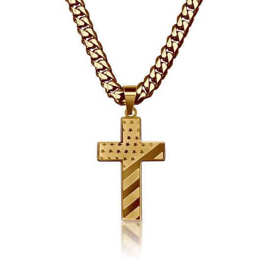 Pro USA Flag Cross Pendant With 6mm Cuban Link Chain Necklace - 14K Gold Plated Stainless Steel