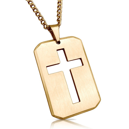 Cross Cut Out Pendant With Chain Necklace - 14K Gold Plated Stainless Steel