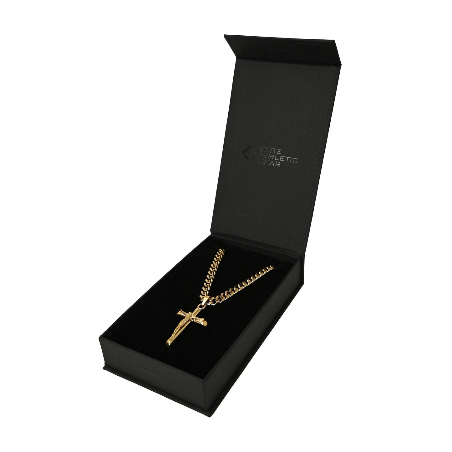 Pro Crucifix Pendant Pendant With 6mm Cuban Link Chain Necklace - 14K Gold Plated Stainless Steel