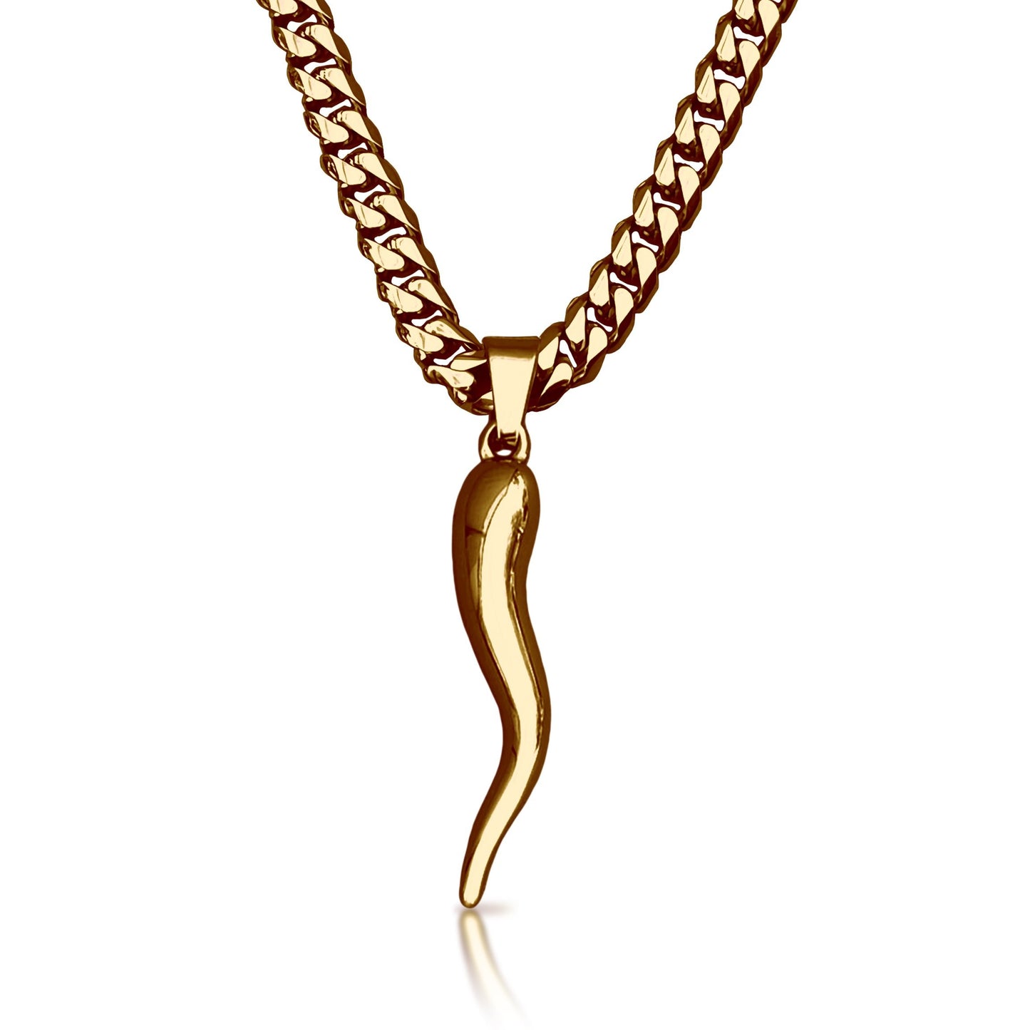 Pro Italian Horn Pendant With 6mm Cuban Link Chain Necklace - 14K Gold Plated Stainless Steel