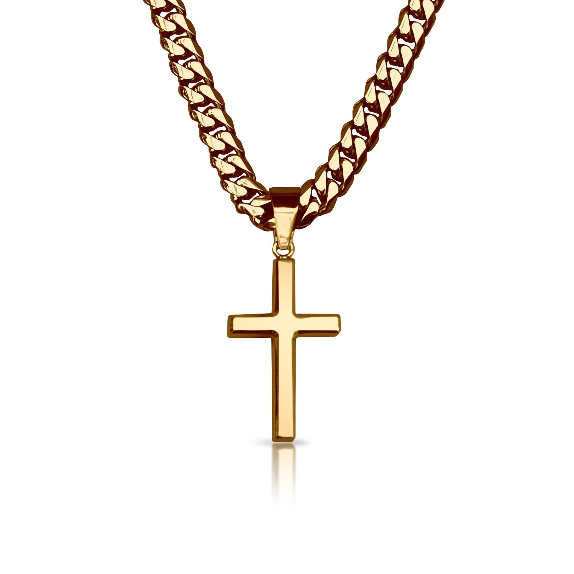 Pro Cross Pendant With 6mm Cuban Link Chain Necklace - 14K Gold Plated Stainless Steel