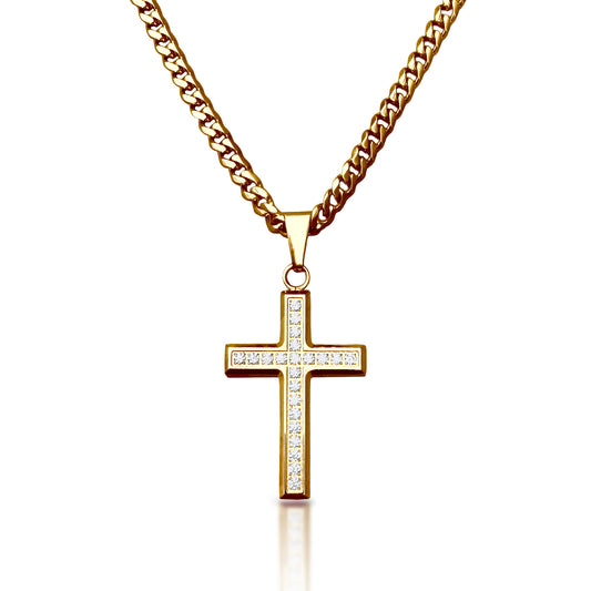 Pro Brilliance Cross Pendant Necklace - 14K Gold Plated Stainless Steel