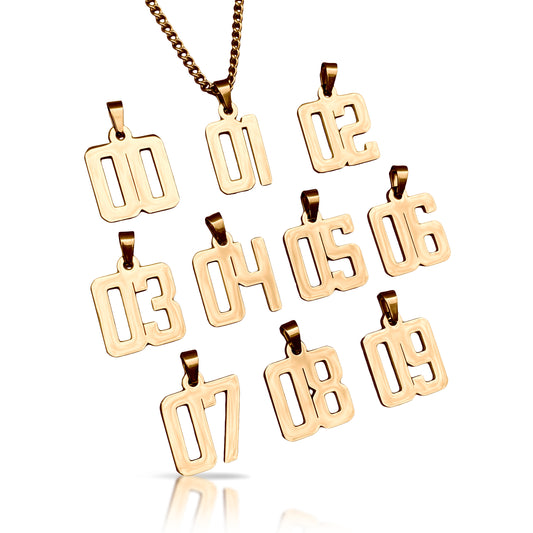00-09 Number Pendants With Chain Necklace - 14K Gold Plated Stainless Steel