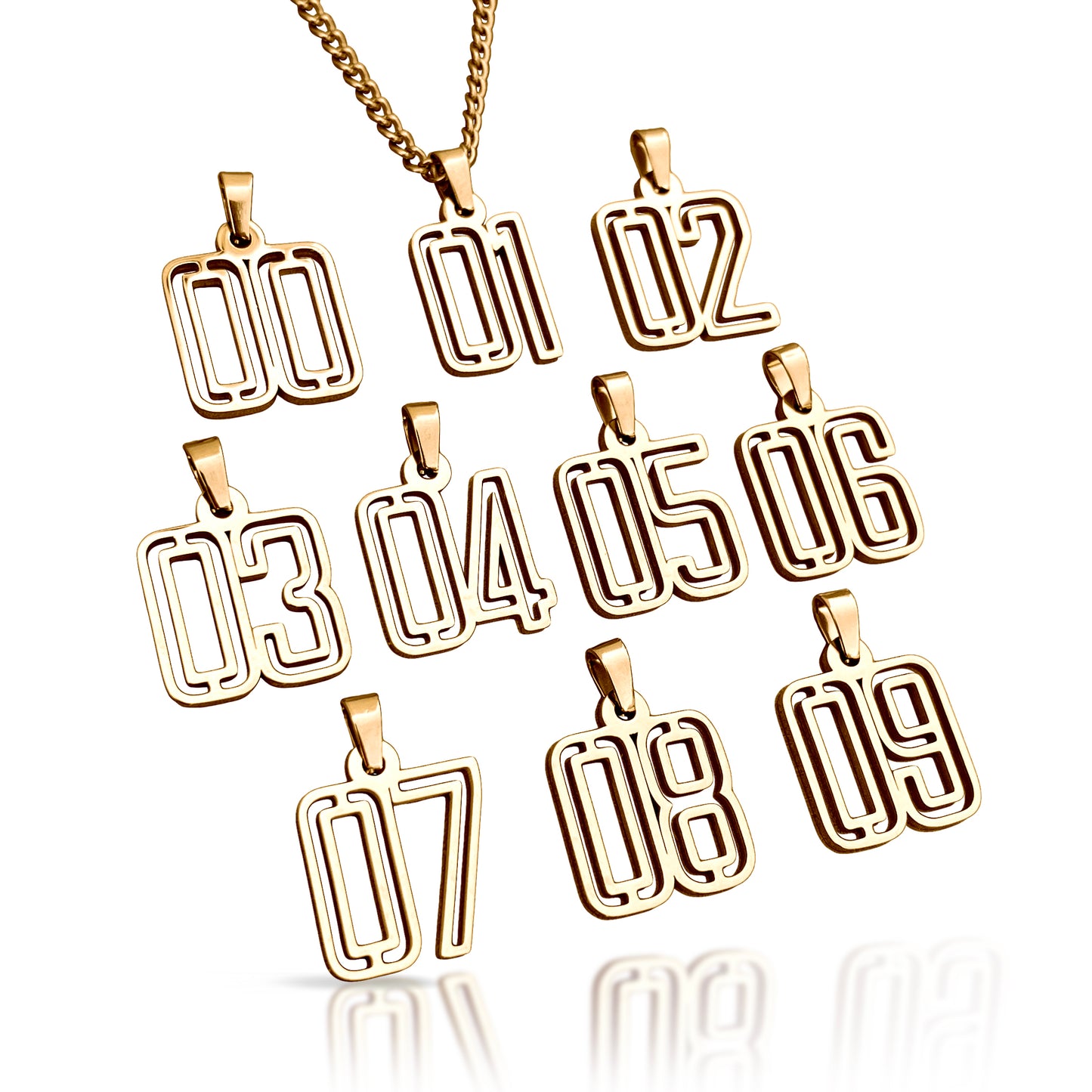 00-09 Varsity Number Pendants With Chain Necklace - 14K Gold Plated Stainless Steel