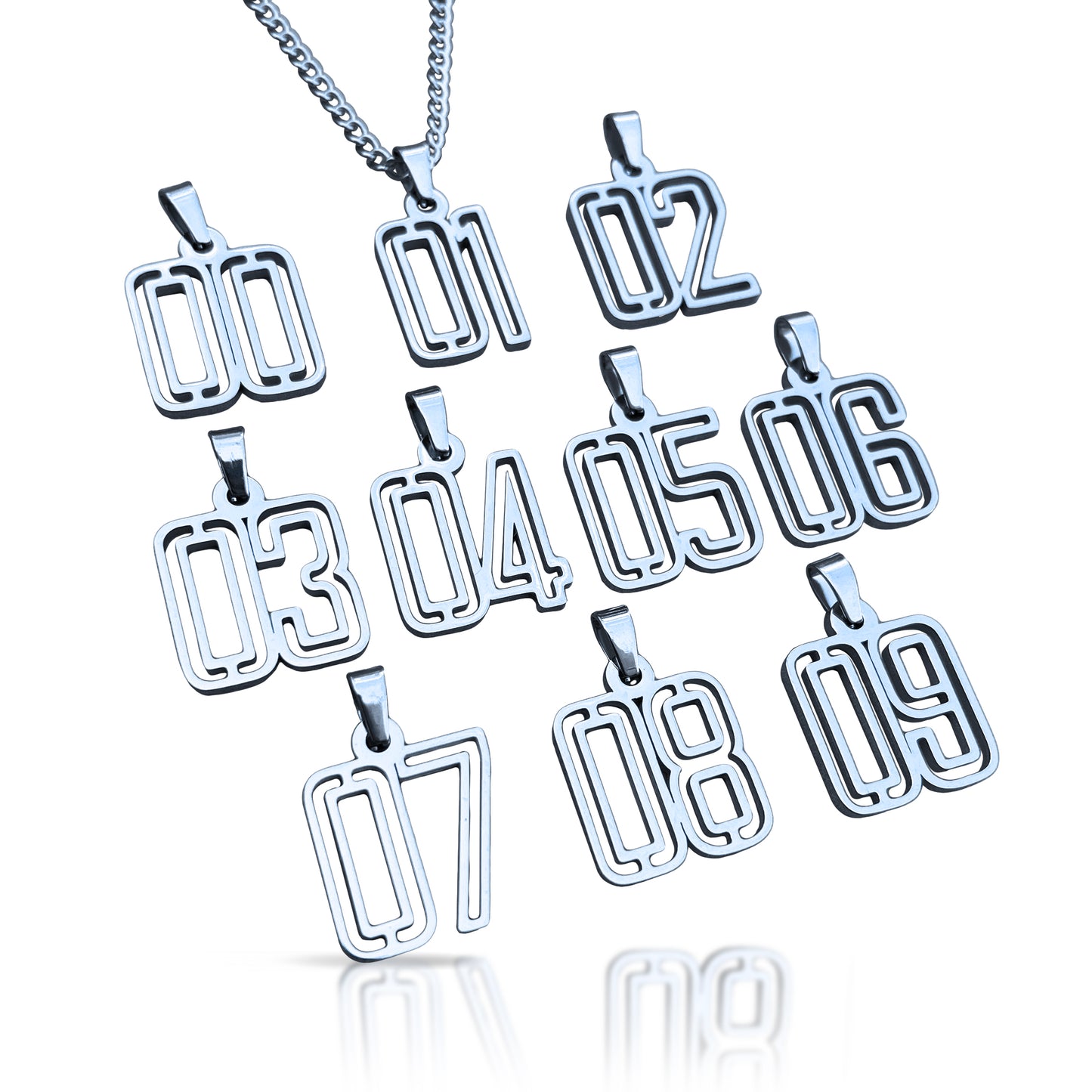 00-09 Varsity Number Pendants With Chain Necklace - Stainless Steel