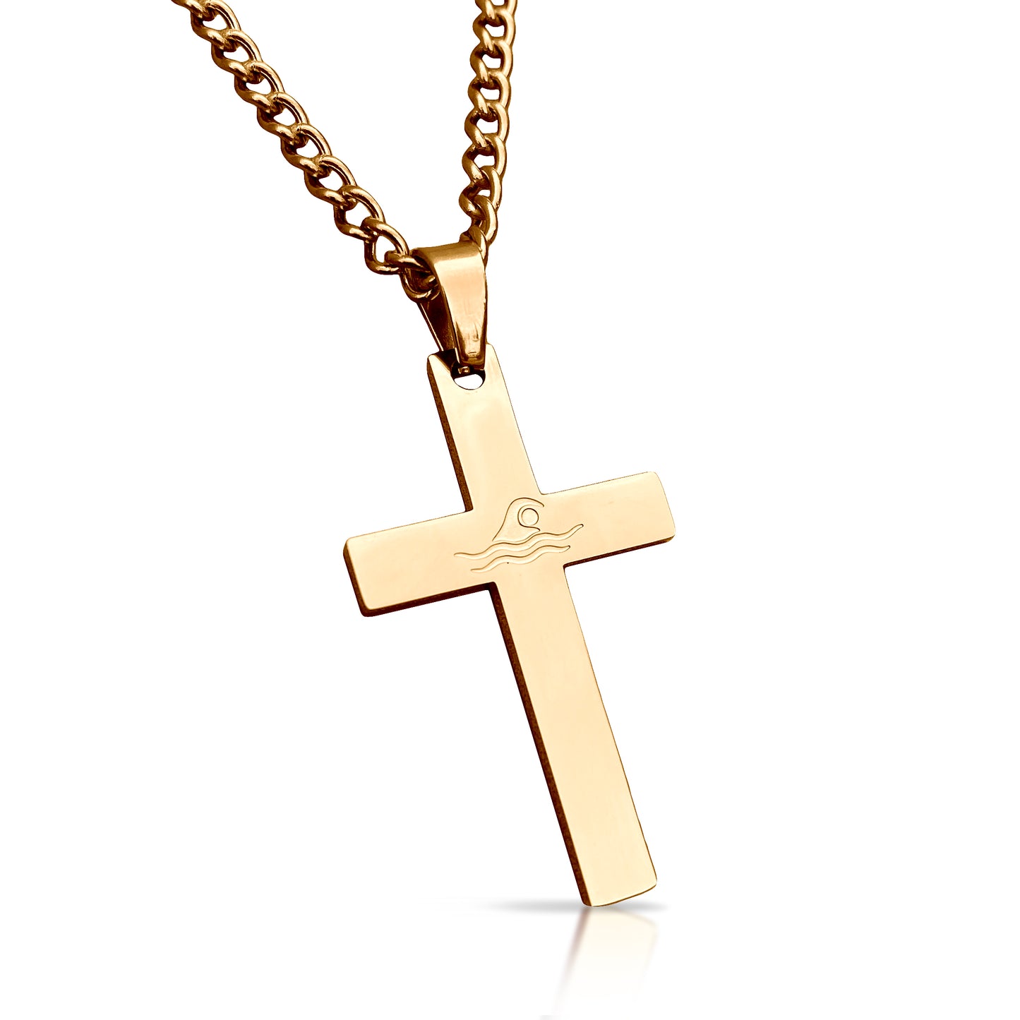 Swimming Cross Pendant With Chain Necklace - 14K Gold Plated Stainless Steel