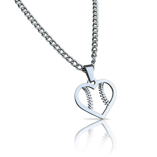 Baseball / Softball Heart Pendant With Chain Necklace - Stainless Steel