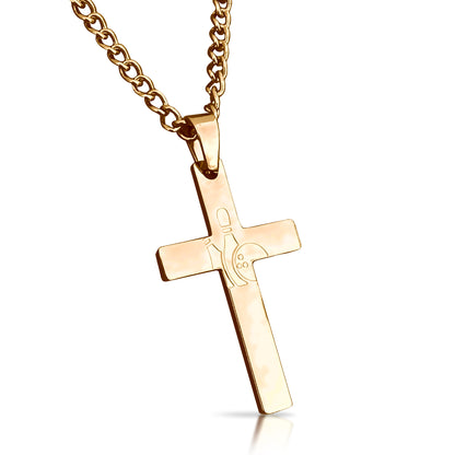 Bowling Cross Pendant With Chain Necklace - 14K Gold Plated Stainless Steel