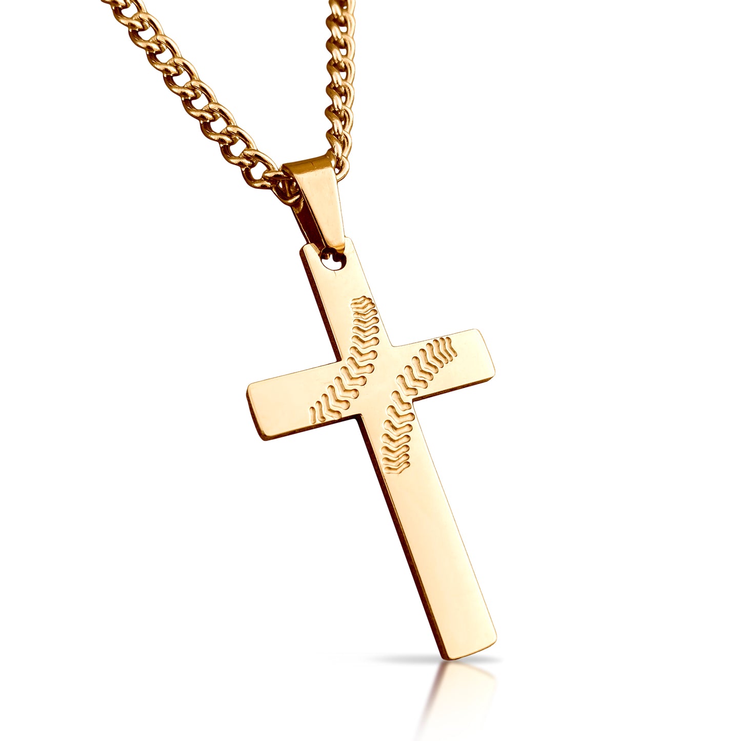 Baseball Cross Pendant With Chain Necklace - 14K Gold Plated Stainless Steel