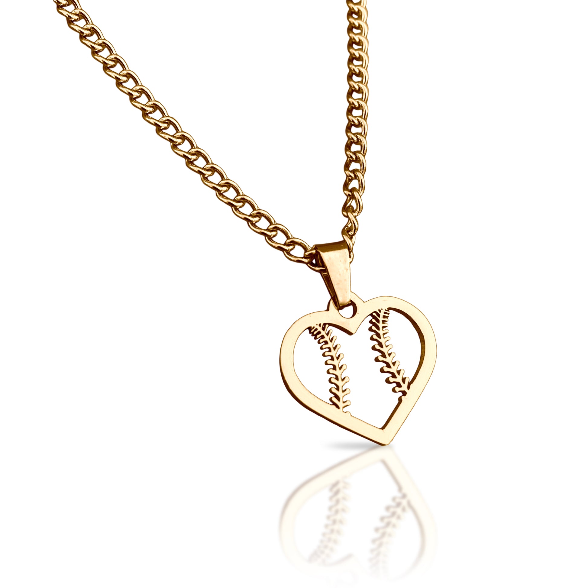 Baseball / Softball Heart Pendant With Chain Necklace - 14K Gold Plated Stainless Steel