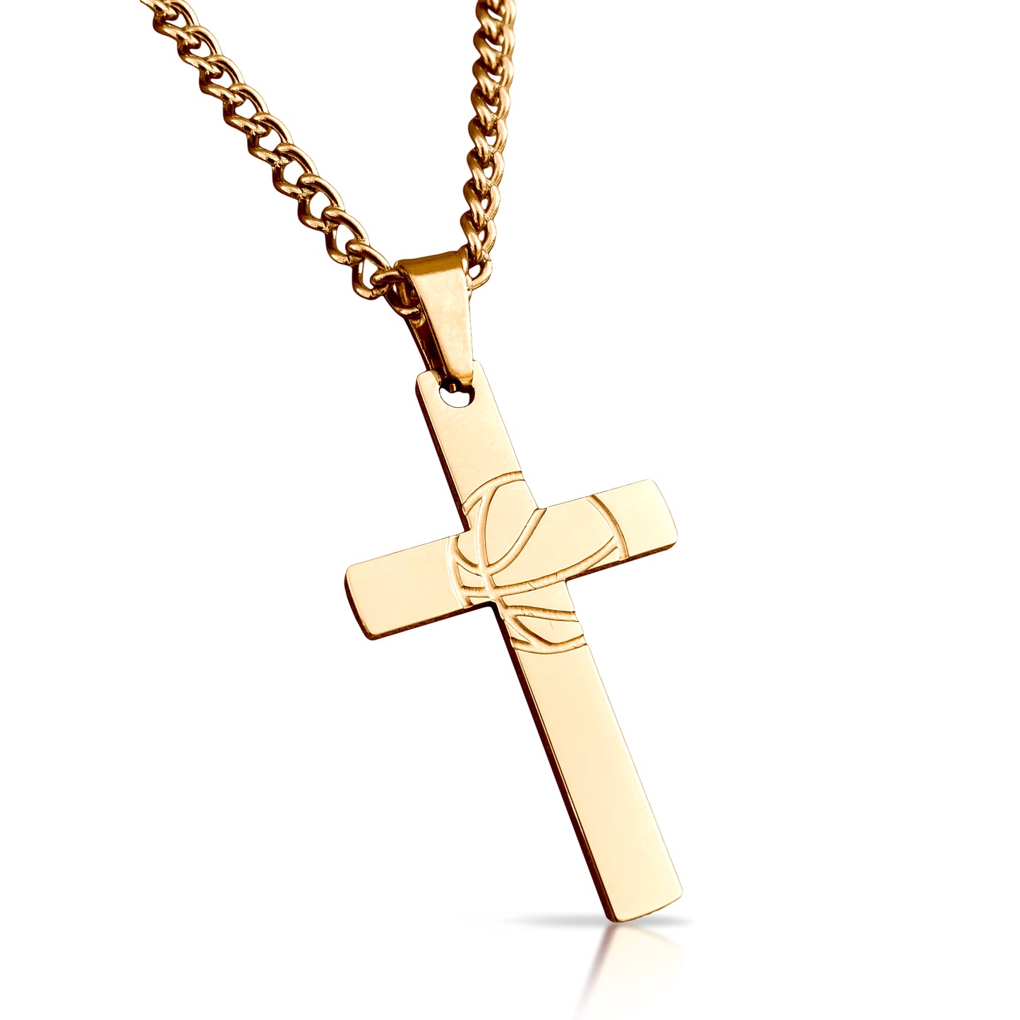 Basketball Cross Pendant With Chain Necklace - 14K Gold Plated Stainless Steel