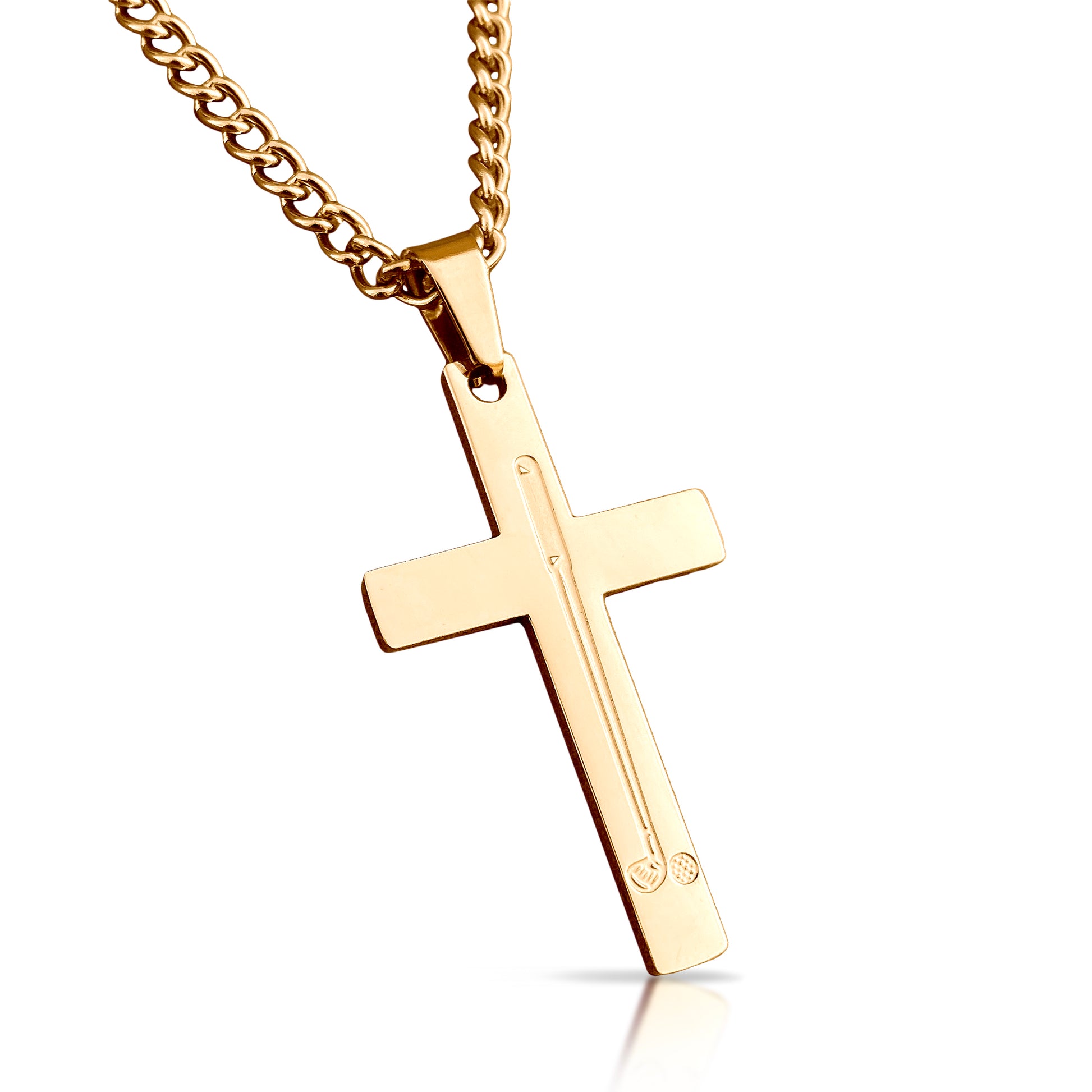 Golf Cross Pendant With Chain Necklace - 14K Gold Plated Stainless Steel