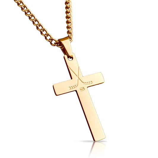 Hockey Cross Pendant With Chain Necklace - 14K Gold Plated Stainless Steel