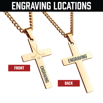 Hockey Cross Pendant With Chain Necklace - 14K Gold Plated Stainless Steel