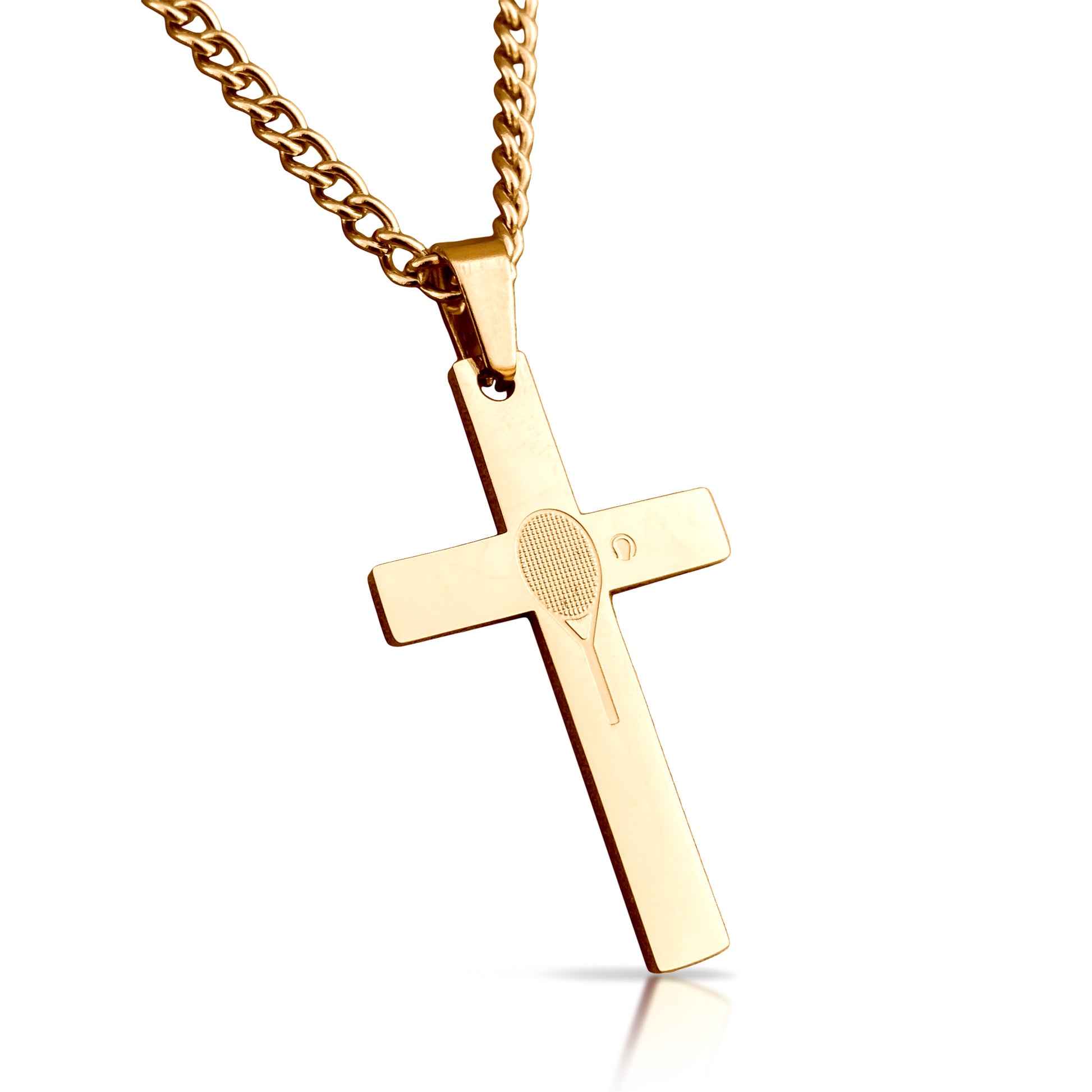 Tennis Cross Pendant With Chain Necklace - 14K Gold Plated Stainless Steel