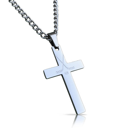 Hockey Cross Pendant With Chain Necklace - Stainless Steel