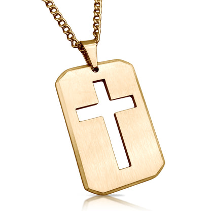 Cross Cut Out Pendant With Chain Necklace - 14K Gold Plated Stainless Steel