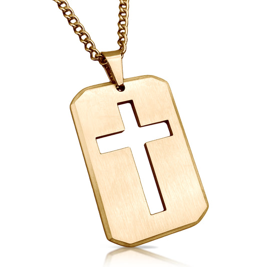 Cross Cut Out Pendant With Chain Necklace - 14K Gold Plated Stainless Steel