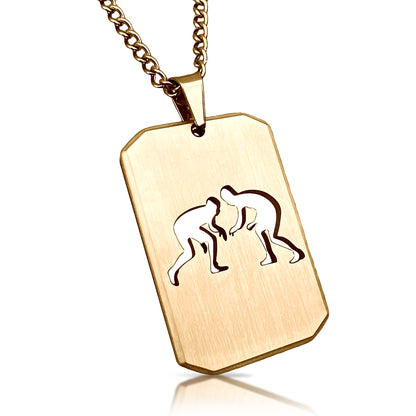 Wrestling Cut Out Pendant With Chain Necklace - 14K Gold Plated Stainless Steel
